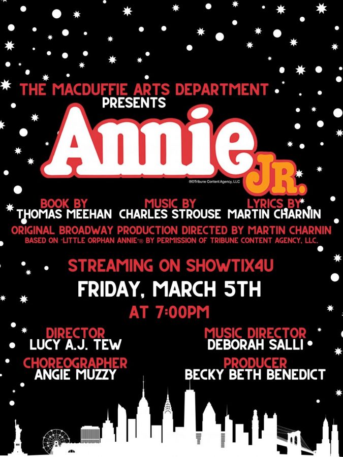 A poster for the Annie Jr Winter Musical Play that will be shown at 5 PM EST on 3/5/21